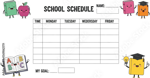 Printable school schedule template for kids weekly planner organizer timetable with cartoon books and apple