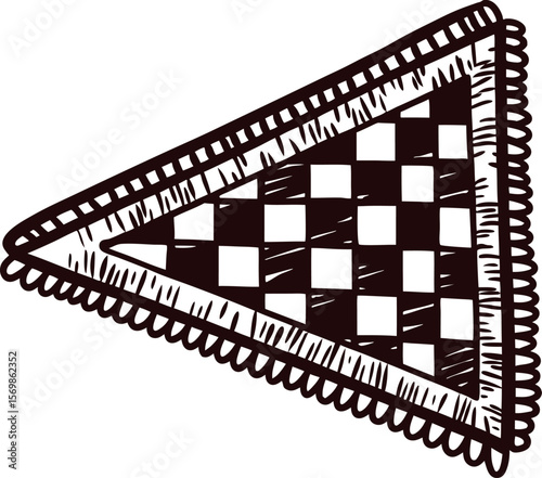 Hand drawn triangular chess patterned flag with ornate border in black and white illustration
