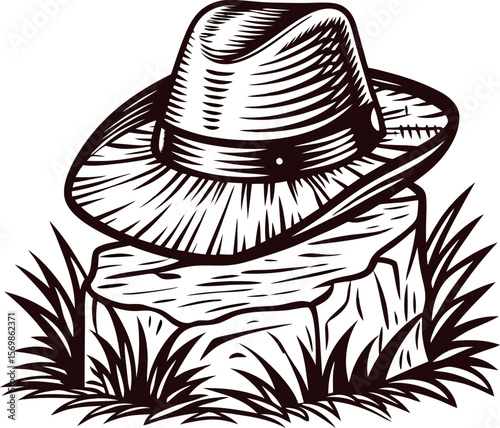 Hand drawn vintage cowboy hat resting on tree stump with detailed grass and engraved sketch lines