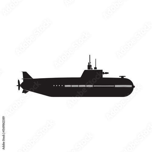 Military Submarine Silhouette,  Powerful, Stealthy, Black and White Vector Graphic Illustration,  Underwater Warfare Concept.