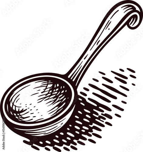 Hand drawn wooden soup ladle illustration in vintage engraved isolated on white background