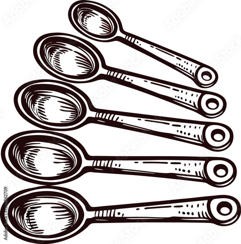 Hand drawn illustration of vintage measuring spoons arranged in a row, engraved kitchen utensil outline