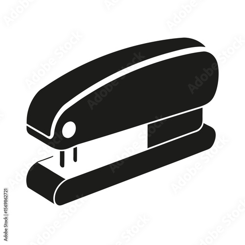Black and white isometric illustration of a heavy,duty office stapler, simple design, professional business mood, efficient and functional workspace concept.