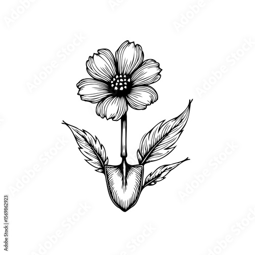 Elegant flower blooming from a vintage spade, symbolizing growth, resilience and the beauty in unexpected places
