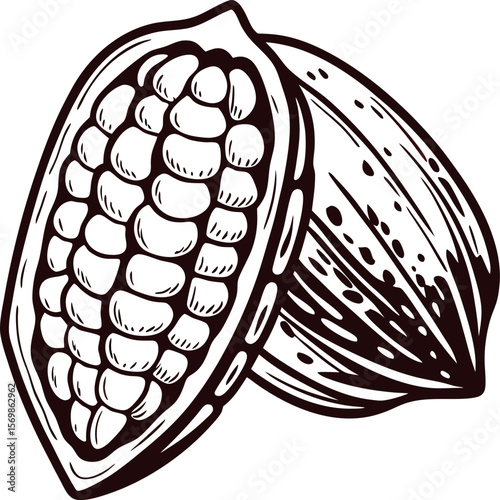Hand drawn cocoa pod with beans in vintage engraved isolated on white background
