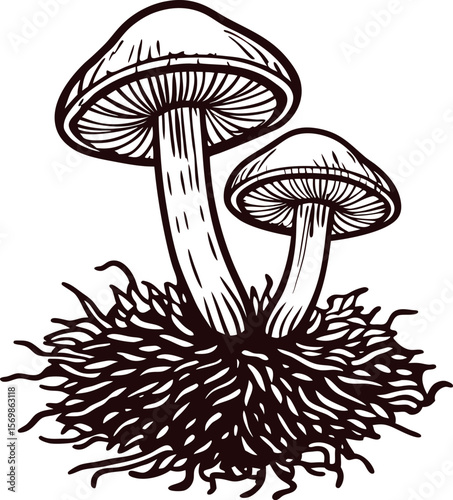 Detailed hand drawn wild mushrooms illustration with roots vintage botanical fungus sketch isolated on white background