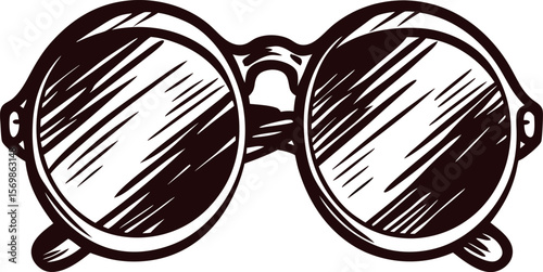 Vintage hand drawn round eyeglasses illustration in sketch engraving with thick frames and reflective lenses