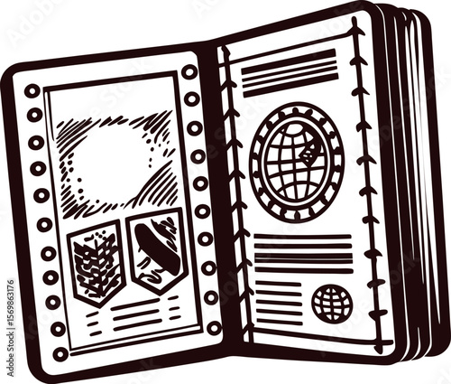 Hand drawn open passport with stamps and visa icon in vintage engraved illustration
