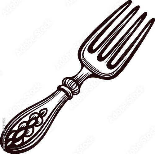 Hand drawn antique dinner fork isolated vintage engraved illustration of ornate utensil with decorative handle details