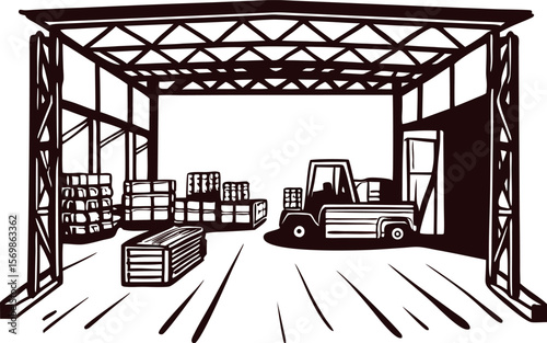 Forklift operating in warehouse interior with stacked pallets and boxes in industrial storage facility illustration