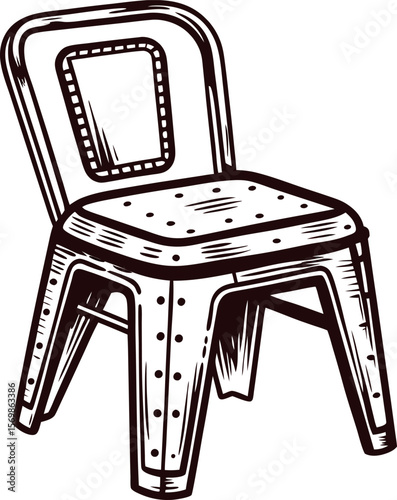 Hand drawn metal chair illustration in vintage engraving with detailed lines and rivet accents