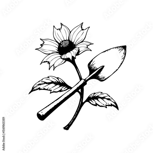Illustration of a sunflower and trowel tool representing gardening or farming concept isolated on a white background