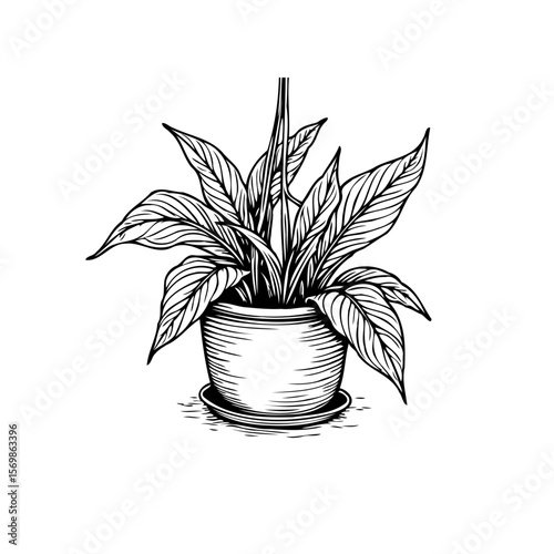 Monochrome houseplant peace lily in pot drawing style vintage illustration creates a retro botanical image