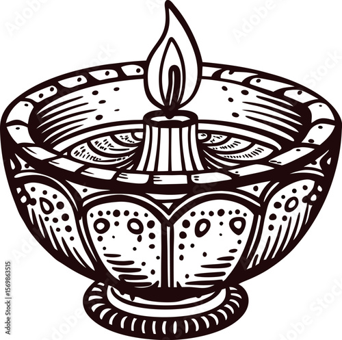 Hand drawn diwali oil lamp with flame traditional decorative diya sketch isolated on white background