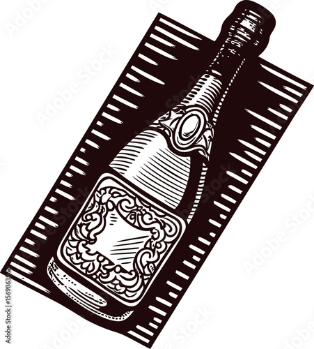 Hand drawn illustration of ornate wine bottle in vintage engraving on textured background