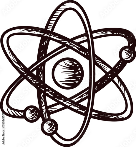 Hand drawn atomic model with orbiting electrons and nucleus isolated on white vintage scientific illustration