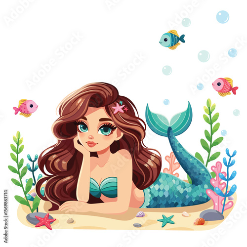 A beautiful mermaid with beautiful eyes lies on the sand with sea plants and fish on white background. Vector illustration in flat cartoon style