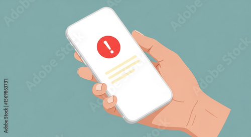 Hand holding smartphone displaying red exclamation mark alert, signifying notification or warning, simple design suitable for app, website or mobile interface