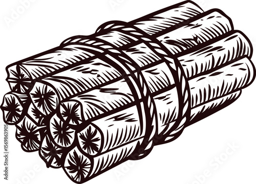 Hand drawn bundle of dynamite sticks tied with rope isolated on white background vintage engraved illustration