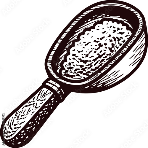Vintage engraving of a wooden scoop filled with grainy powder, rustic detailed sketch isolated on white background