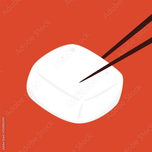 White Tofu vector. Tofu cartoon style isolated on red background. Vegetarian nutrition, healthy food.