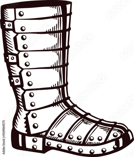 Engraved illustration of medieval armored boot sabaton in vintage black and white with detailed metal plates