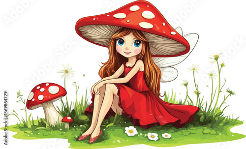 Cute Mushroom Fairy Sitting in a Meadow with Flowers and Mushrooms