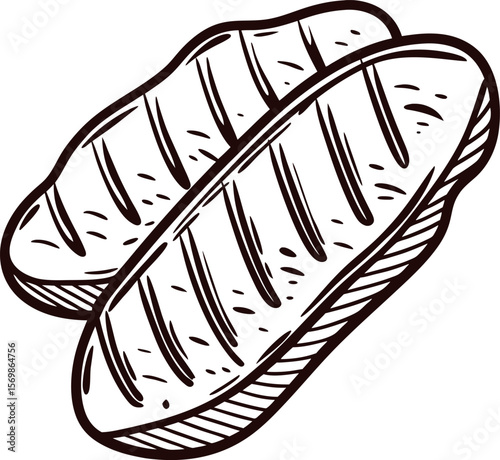Hand drawn rustic bread loaves illustration with engraved lines, vintage baking art isolated on white background