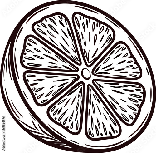 Hand drawn citrus fruit slice with detailed pulp and rind isolated on white background illustration