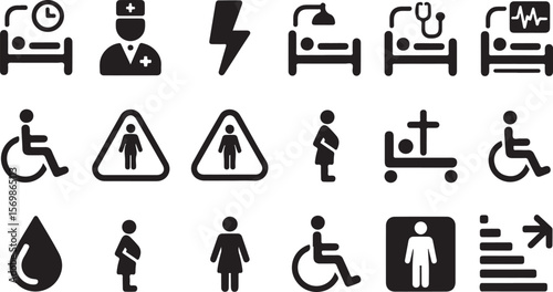 Hospital signage glyph icon set. Vector pictograms of clinic , nurse, doctor, pharmacy, medication, vaccination, syringe, patient, room, operating, radiology, MRI, black sign silhouette illustration