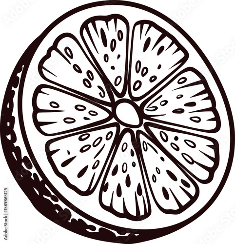Hand drawn citrus fruit slice illustration with detailed seeds and segmented pulp on white background