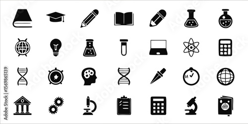 Various science and education icons are displayed isolated on white background