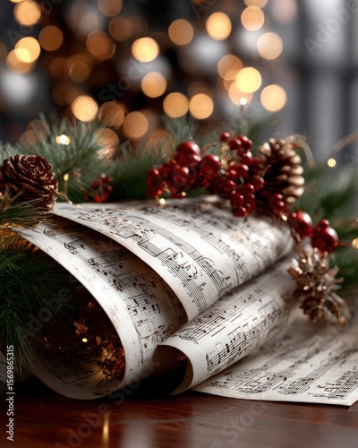 Vintage sheet music adorned with christmas decorations.
