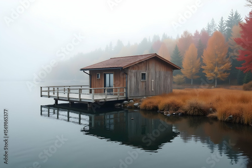 A tranquil Scandinavian wood cabin on a serene lake under a misty sky evokes peace and seclusion in nature