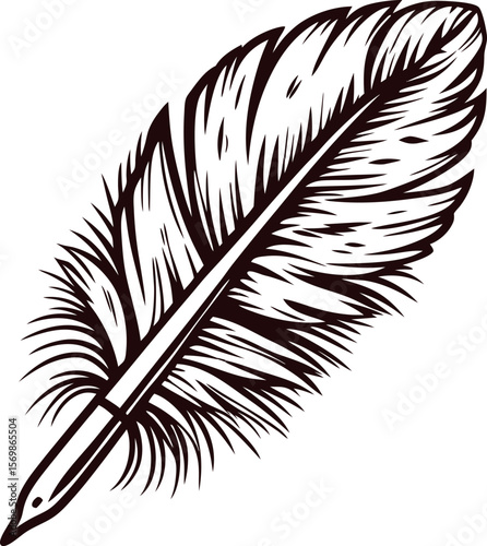 Detailed hand drawn illustration of a vintage feather quill pen isolated on white background