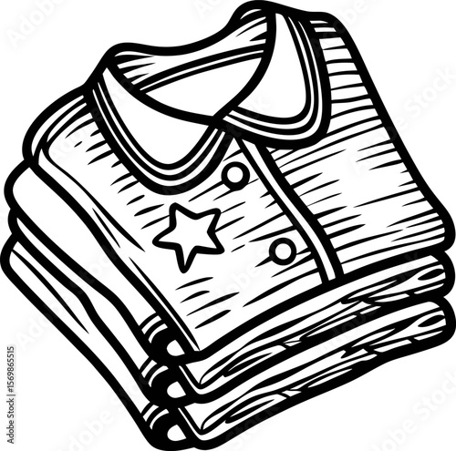 Hand drawn stack of folded shirts with collar and buttons, vintage line art illustration, uniform