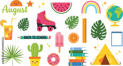 August summer back to school clip art collection with tropical leaves and fun summer themed elements