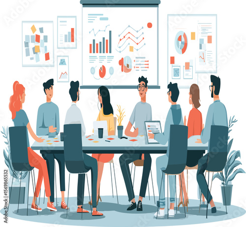 Diverse team collaborates in a modern office, attending a meeting with charts, graphs and presentations for data analysis and business planning.