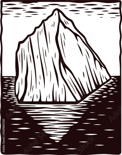 Hand drawn iceberg with reflection in water isolated on white vintage woodcut engraving illustration