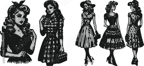 Retro girl illustration with old style dress, vintage fashion woman, heavy lined black vector bundle, classic outfit design, nostalgic style, elegant retro female character, detailed line art vector s