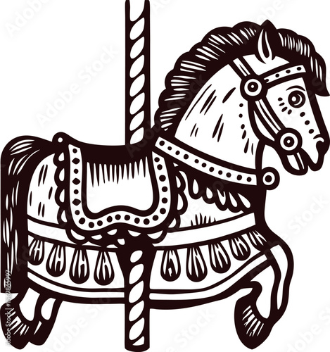 Hand drawn vintage carousel horse illustration with ornate saddle and pole isolated on white background