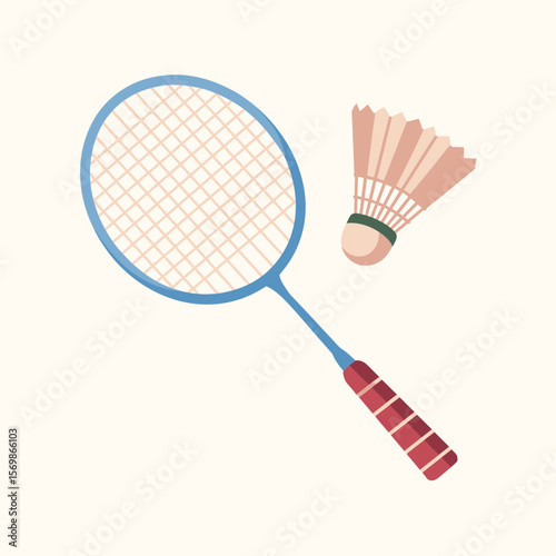 Flat illustration of a blue badminton racket and shuttlecock on a light background
