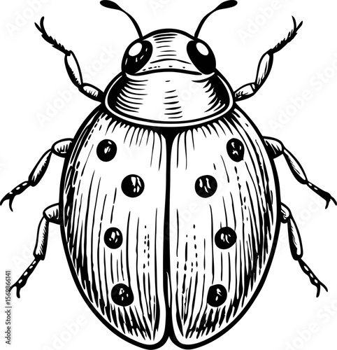 Detailed vintage engraved illustration of a ladybug insect with spotted wings isolated on white background