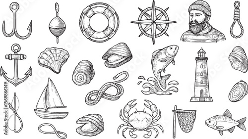 Vintage Hand-Drawn Nautical and Marine Life Illustrations Collection for Ocean-Themed Designs
