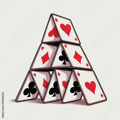 A precarious house of cards built with hearts and diamonds suits