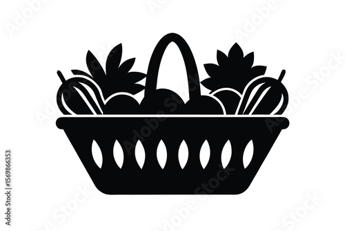 Basket filled with fruits and leaves in a simple black silhouette style