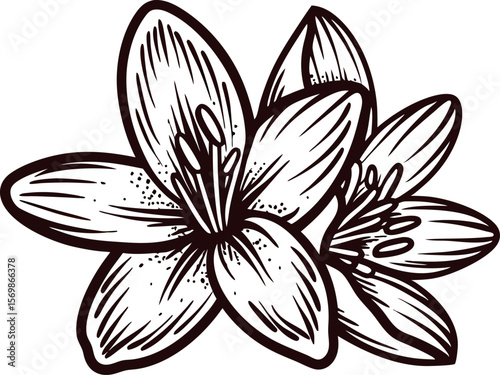 Hand drawn botanical illustration of vanilla orchid flower in black and white sketch