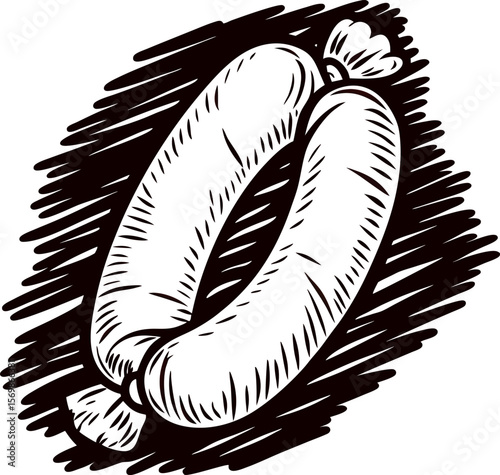 Hand drawn sketch of two linked sausages with tied ends in vintage engraving