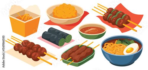 Assortment of asian cuisine dishes including noodles skewers and rice