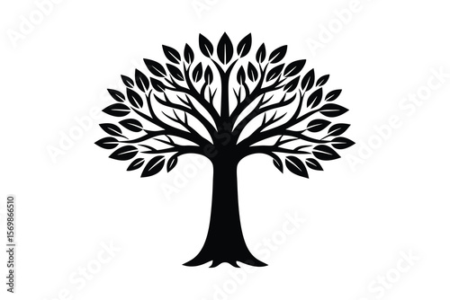 Stylized black tree with lush green leaves silhouette